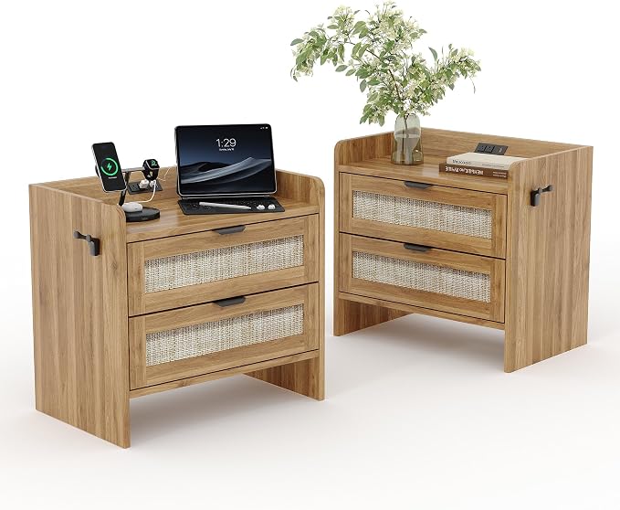 Rattan Nightstand Set of 2, Bedside Table, Modern Night Stand with Type-C Charging Station, 2 Drawer Storage Space, with Hook Included, Suitable for Bedroom, Office as a End Table, Side Tables by GarveeHome