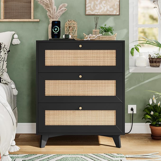 VIAGDO Black Rattan Nightstand Set of 2 with Charging Station, Natural Rattan Night Stand with 3 Large Wicker Decorated Drawers, Boho Bedside Table, End Side Table, 3 Drawer Dresser for Bedroom - Image 7