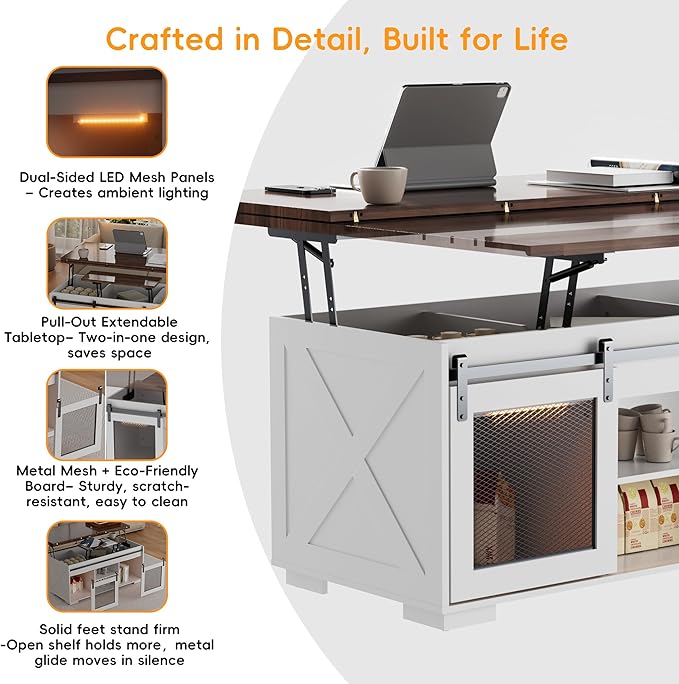 Upgraded Coffee Table with Lifting Top And Sliding Doors, Thick Panels, Industrial Metal Mesh Sides, Dual LED Accent Lights, Large Storage Center farmhouse square Table for Living Room, Cloud Drift