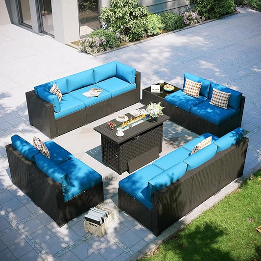 Aoxun Patio Furniture Set with Fire Pit Table, 12 Piece Outdoor Sectional Sofas, 10 Seats Wicker Rattan Outdoor Furniture with Thickened Cushion for Backyard, Garden Peacock Blue