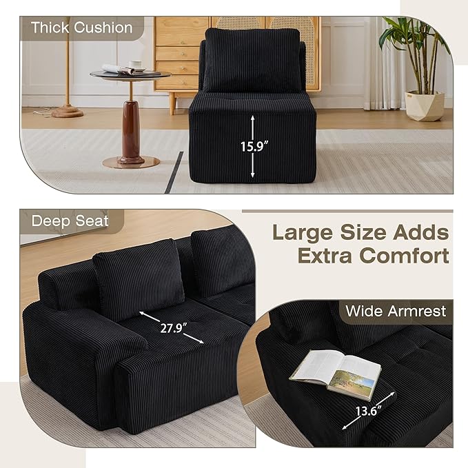 Modular Sectional Sofa, Boneless Couches for Living Room, Corduroy Couch, Big Comfy Couch, Modular Cloud Sofa with Deep Seat (Black, 1 Piece-Middle Seat)