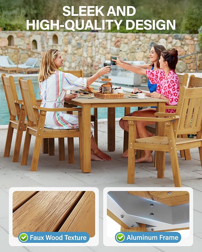 YEFU Outdoor Patio Dining Sets: All Weather 12 Piece Dining Table Set for 10 with Umbrella Hole & Aluminum Frame - Outdoor Furniture Patio 2 Table and 10 Chairs for Outside Backyard/Porch/Deck Teak - Image 4