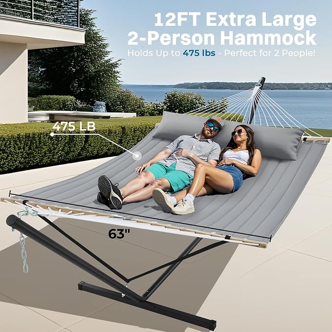 SUPERJARE Hammock with Stand, 2 Person Quilted Outdoor Hammock, Detachable Pillow & Bamboo Spreaders, Portable Hammock with Carrying Bag, Heavy Duty Stand, Perfect for Outside, Patio, Gray - Image 3