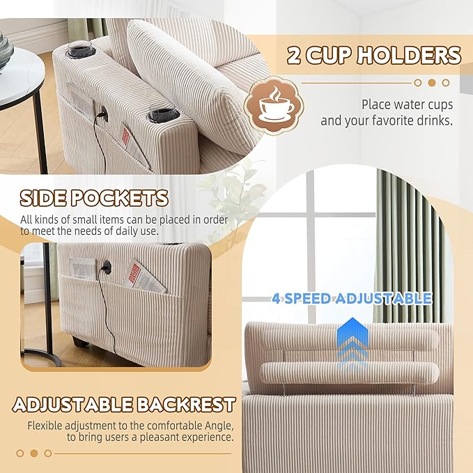ERYE Oversized Loveseat Sectional Double Lounge Chaise Convertible Sleeper Sofabed, Corduroy Sleeper Loveseat Daybed Indoor Recliner Chair Sofa Bed W/Cupholders & Adjustable Headrests for Living Room