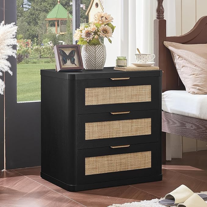 LEYAOYAO Rattan Night Stand with Charger Station, 23" Large 3 Drawer Boho Nightstand, Black Bedside Table Storage Cabinet, Bed Side End Tables for Bedroom, Living Room, Hallway - Image 3