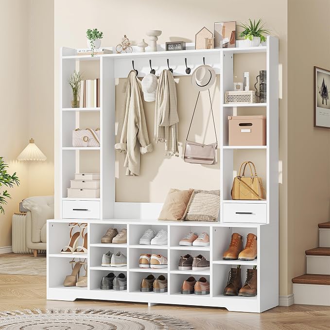 Semoic Farmhouse Hall Tree with 2 Independent Drawers,6-in-1 Entryway Bench with Coat Rack Adjustable Shoe Storage for Foyer/Hallway,White - Image 9