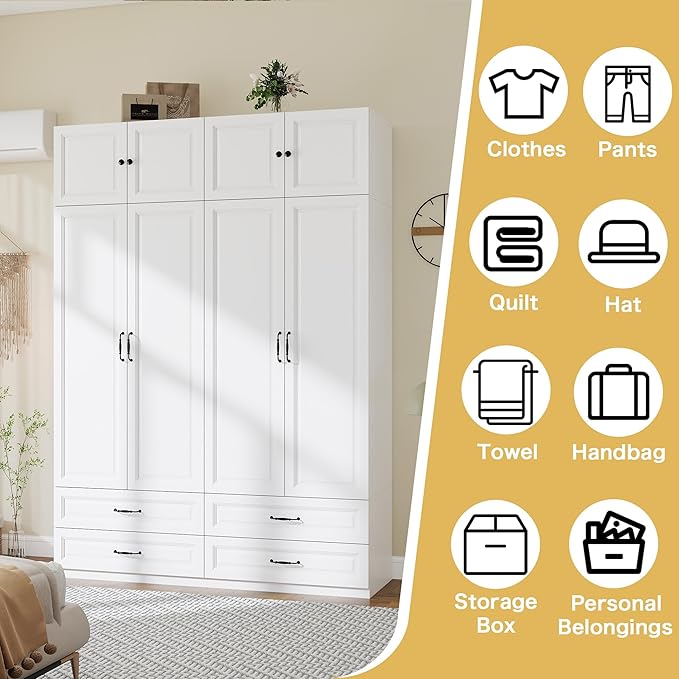 Armoire Wardrobe Closet with Doors: 89" Extra Tall White Wardrobe with Storage on Top, Bedroom Armoires with 4 Doors and 4 Drawers, Large Wood Closet Armoire for Hanging Clothes (B, 63")