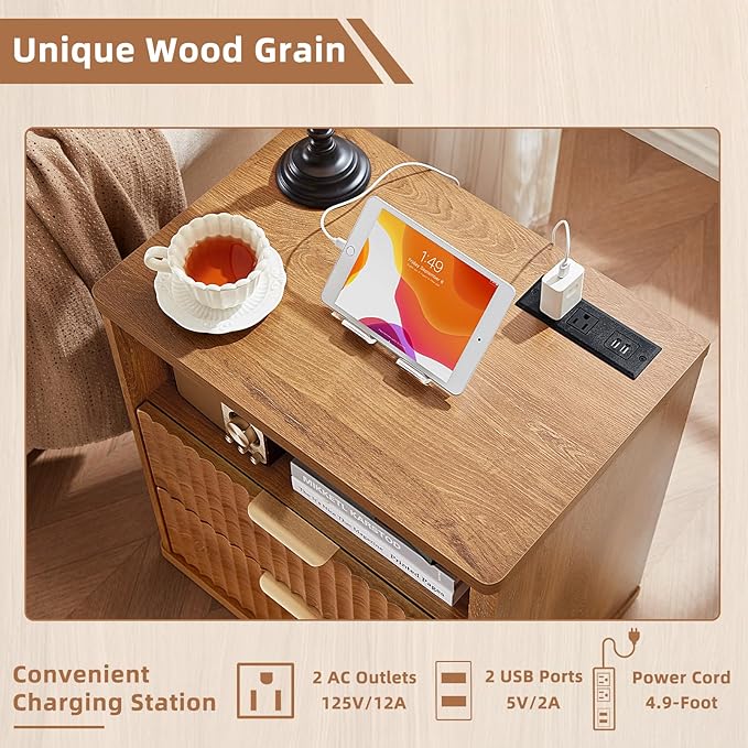 LEYAOYAO Fluted Nightstand with Charging Station, 23" Wide 2 Drawers End Table, Brown Night Stand with Open Storage Cabinet, Farmhouse Bed Side Tables, Wood Dresser for Bedroom, Living Room, Closet - Image 6