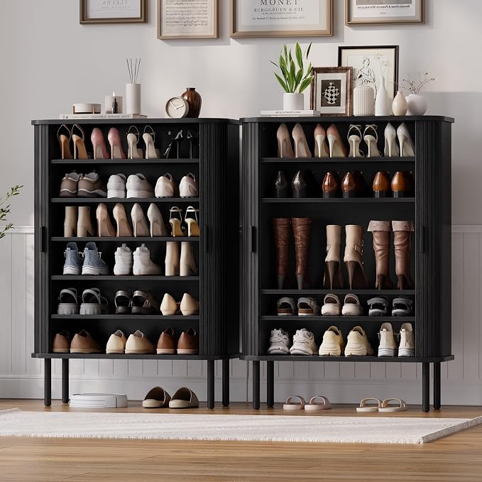 ONBRILL 6-Tier Shoe Cabinet with Sliding Door, Wooden Shoe Storage Cabinet with Adjustable Shelves, Mid-Century Modern Freestanding Shoe Storage Organizer for Entryway, Hallway, Living Room, Black - Image 5