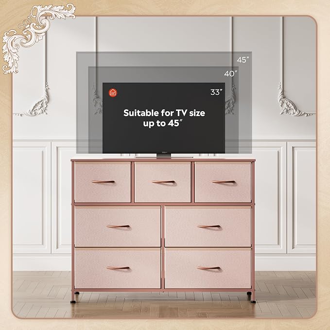 WLIVE 7 Drawer Dresser TV Stand, Entertainment Center, Media Console Table with Metal Frame and Wood Top for TV up to 45 inch, Chest of Drawers for Bedroom, Living Room, Pink - Image 6