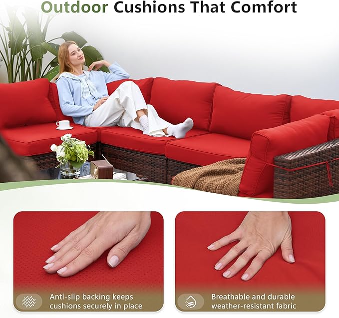 Amopatio Patio Furniture Set 7 Pieces Patio Conversation Set Outdoor Sectional Wicker Rattan Sofa with All-Weather Cover, Patio Furniture with Pillows Fits Porch Garden Backyard Balcony(Red)