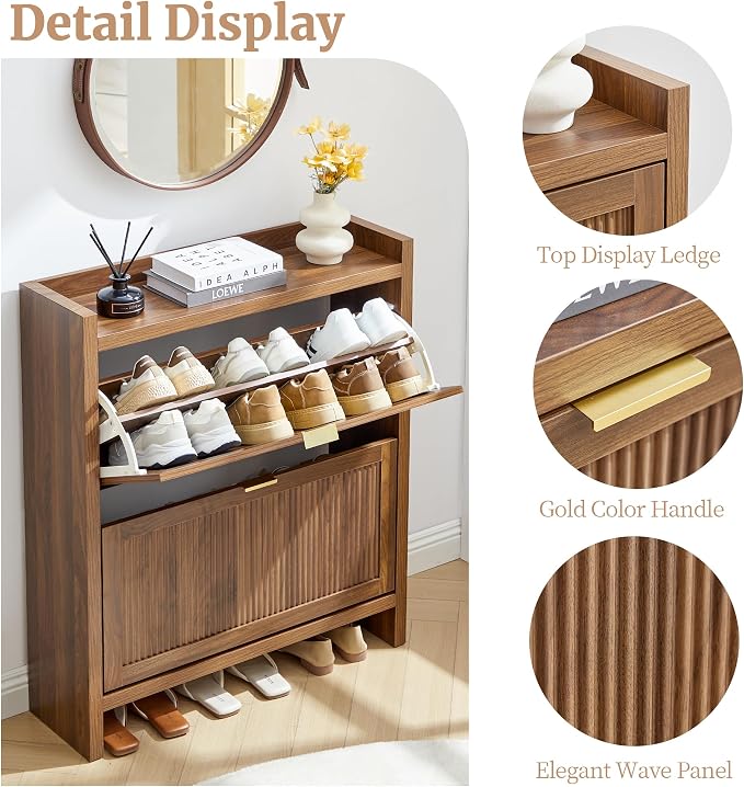 Fluted Shoe Storage Cabinet with 2 Flip Door for Entryway, Modern Freestanding Narrow Wood Shoe Rack Cabinet for Foyer, Front Door, Hallway - Image 4