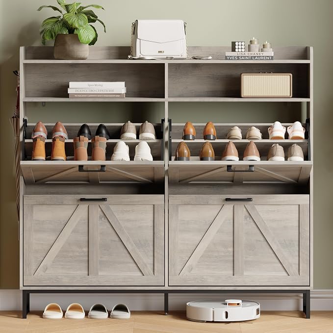 Shoe Cabinet with 4 Flip Drawers, Freestanding Hidden Shoe Storage Organizer for Entryway, Narrow Slim Shoe Rack Cabinet with Open Storage & Hooks for Front Door Entrance, Living Room, Hallway, Grey - Image 7