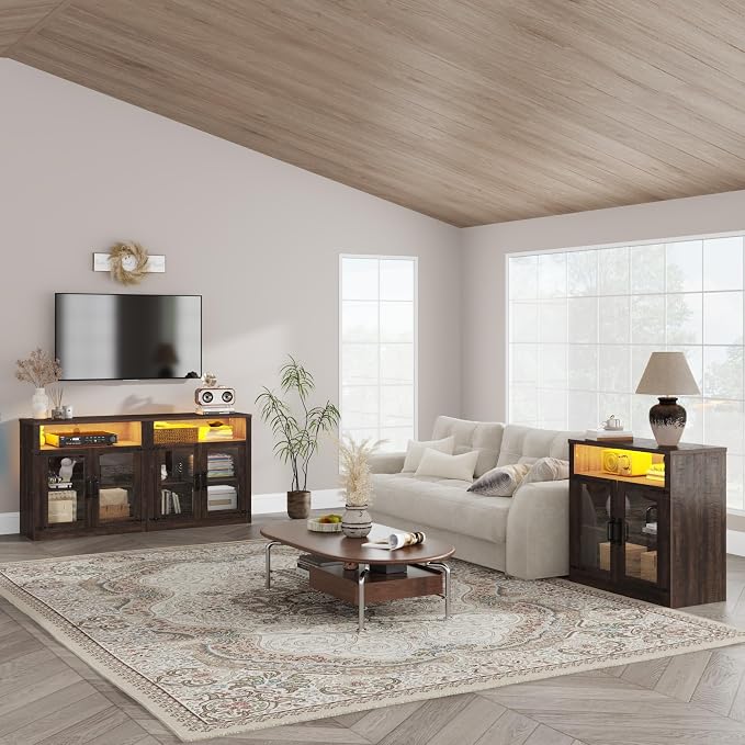 chartustriable 94.5" W 2-Piece Entertainment Center for TVs up to 100", Farmhouse Wall Unit TV Stand with Doors & Drawer, Media Console Table for Living Room, Bedroom, Brown - Image 7