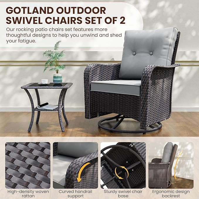 Gotland Outdoor Swivel Chairs Set of 2, 3 Pieces Patio Furniture Set with Thick Cushion, Wicker Rocking Patio Chairs Set of 2, Patio Bistro Set with Double-Layer Coffee Table for Balcony Porch Gray - Image 5