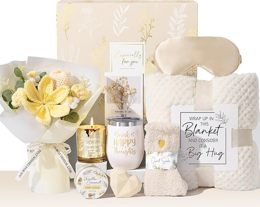 Mothers Day Birthday Gifts for Women Self Care Package Get Well Soon Gift Baskets, Thinking of You Sympathy Spa Gift Set w/ Crochet Flower Bouquet, Unique Gifts for Women Mom Sister Grandma Friends
