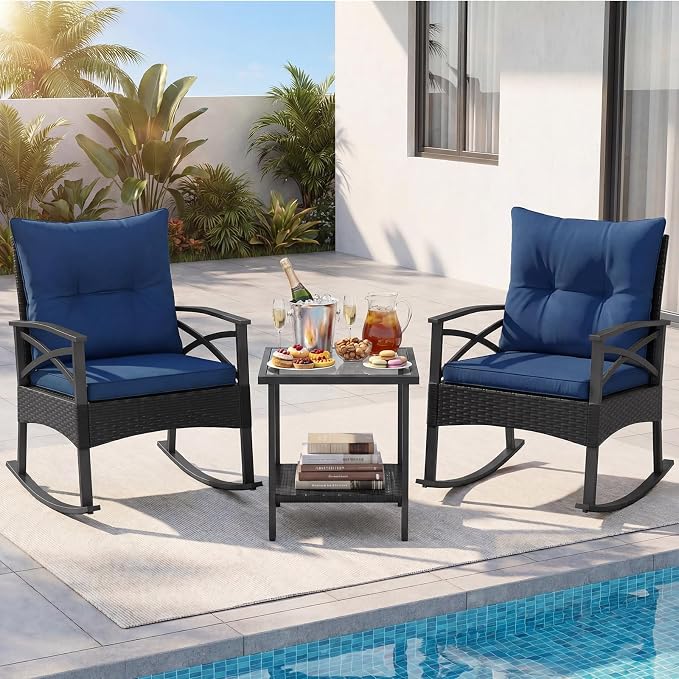 Tangkula 3 Pieces Outdoor Rocking Chairs Set, Rattan Heavy Duty Cushioned Rocker Chairs with 2-Tier Tempered Glass Coffee Table, for Garden, Balcony, Backyard (Black+Navy) - Image 3