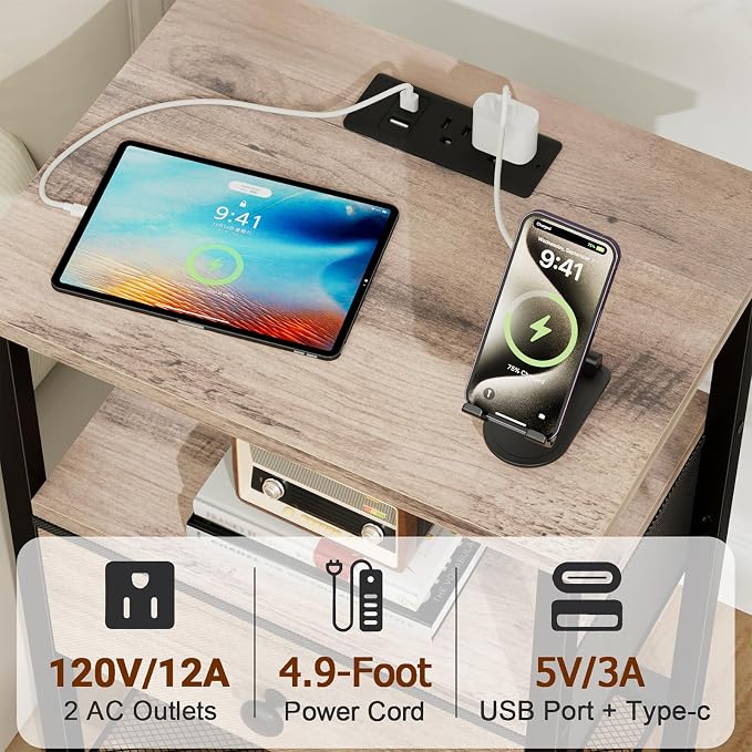 LOAKEKEL Night Stand with Charging Station, Small Bedside Table with Fabric Drawer, Nightstand with USB Ports & Outlets for Bedroom, Grey, HETS010GY-1 - Image 4