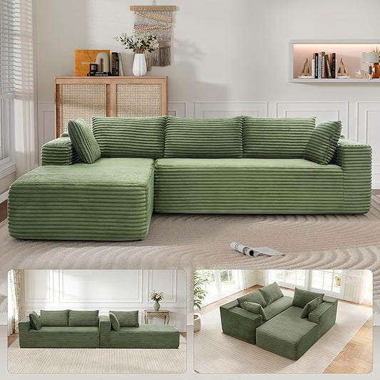 Cloud Sectional Couch, 105” Fluffy Modular L-Shape Sofa with Right Chaise Lounge, Modular Sectional Sofa in a Box, Boneless Couch for Living Room, No Assembly Required, Flannel Green