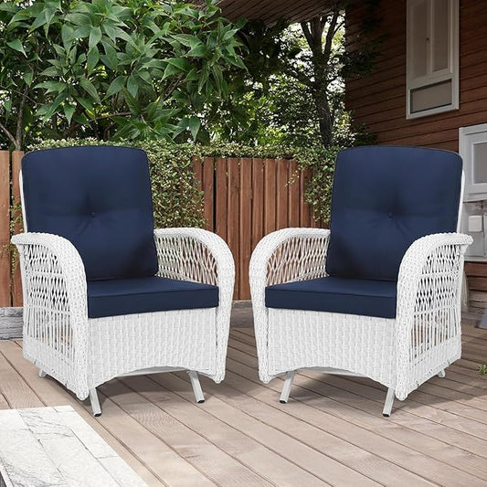 MEETWARM Patio Wicker Rocking Glider Set, All-Weather Outdoor Rattan Patio Rocking Chairs of 2, Patio Conversation Set with Thickened Cushions for Porch Backyard & Garden, White Wicker/Navy