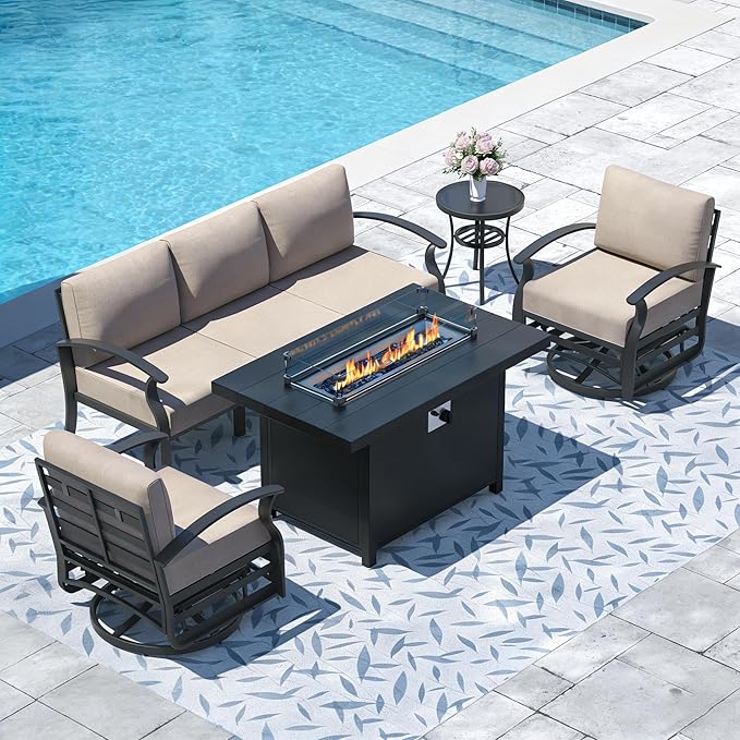 Aluminum Outdoor Patio Furniture Set,5 Pieces 5 Seats Metal Patio Sectional Furniture Set,Patio Conversation Sets with 45" Propane Fire Pit Table,Swivel Rocking Chairs Set,Sand