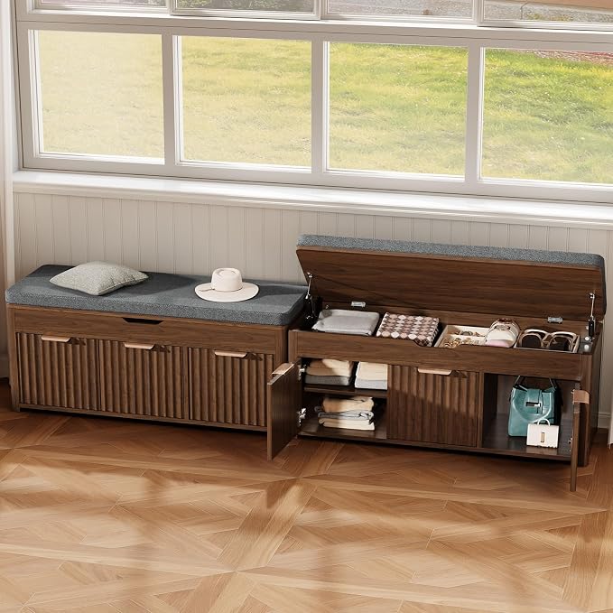 Shoe Bench with Storage - Lift Top Entryway Bench with Hidden Storage, Shoe Rack with Adjustable Shelves and Cushioned Seat, Wooden End of Bed Bench for Bedroom, Living Room and Hallway,Walnut - Image 8
