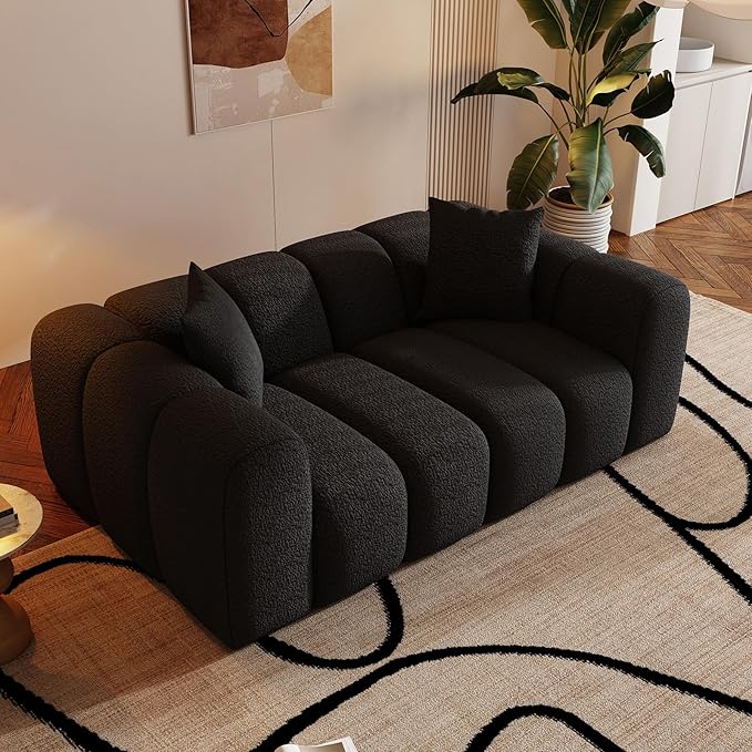 70" Modern Chenille Fabric Sofa Couch – One-Piece Memory Foam 3-Seater Sofa with Rounded Arms, Soft & Cozy Upholstery for Living Room (Black)