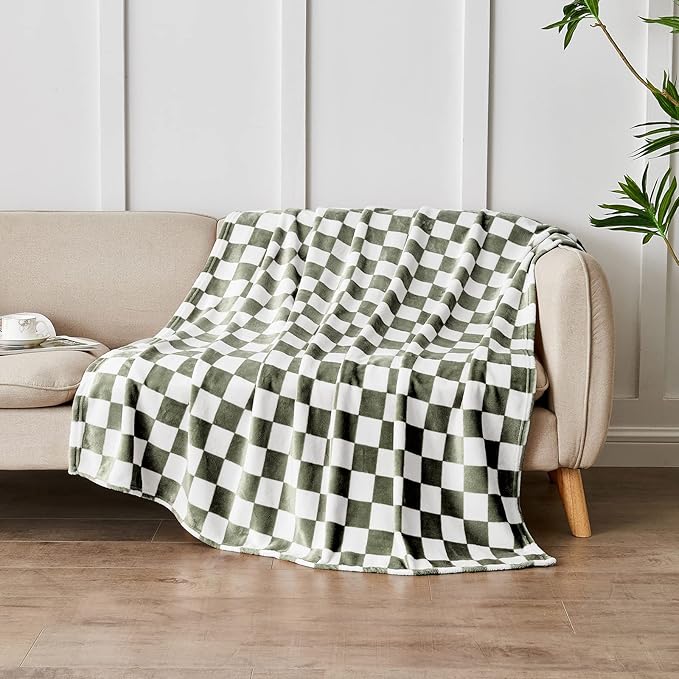 Edenleaf Checkered Blanket Flannel Throw Blankets Soft Cozy Checkered Grid Print Chessboard Gingham Pattern Throws for Bed Sofa Couch for All Seasons, 50x60 Inch, Dark Olive