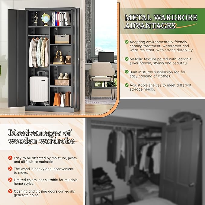 Greenvelly Metal Wardrobe Cabinet with Locking Doors, 72"H Black Metal Wardrobe Closet with Hanging Rods and Adjustable Shelves, Clothing Storage Closet for Home, Office, Employee, Gym (18" D x 36” W)