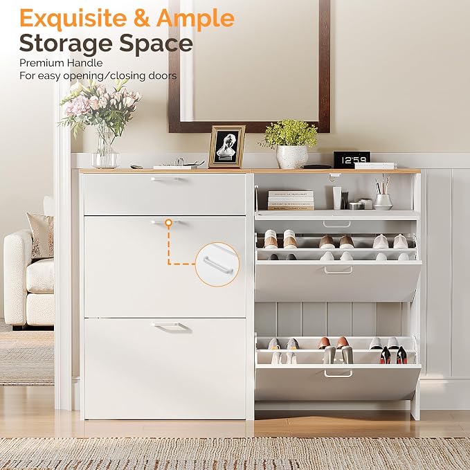 VINGLI Set of 2 Shoe Cabinet Storage for Entryway, Ultra Slim Shoe Organizer with 2 Flip & 1 Drop-Down Drawers, 2-Pack Narrow Shoe Cabinet 24.8" W for Front Door, Freestanding Modern White Shoes Rack - Image 4