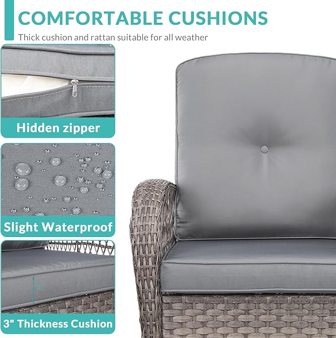 MEETWARM 7 Pieces Outdoor Patio Rattan Furniture Sets, All Weather Patio Wicker Conversation Set- 2 Rocking Glider, 2 Swivel Chairs, 1 Loveseat Glider w/Cushions, 2 Glass-Top Coffee Table, Gray