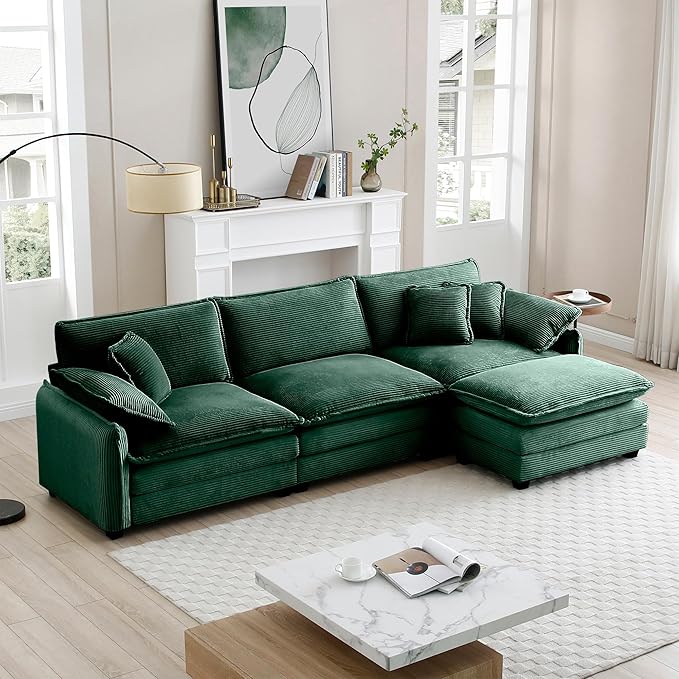 KEIKI 115" L-Shaped Oversized Corduroy Modular Sectional Sofa with 1 Ottoman, High-Density Foam Cushions, Removable Armrests, Upholstered 3-Seater Corner Couch with 5 Pillow, for Living Room, Green
