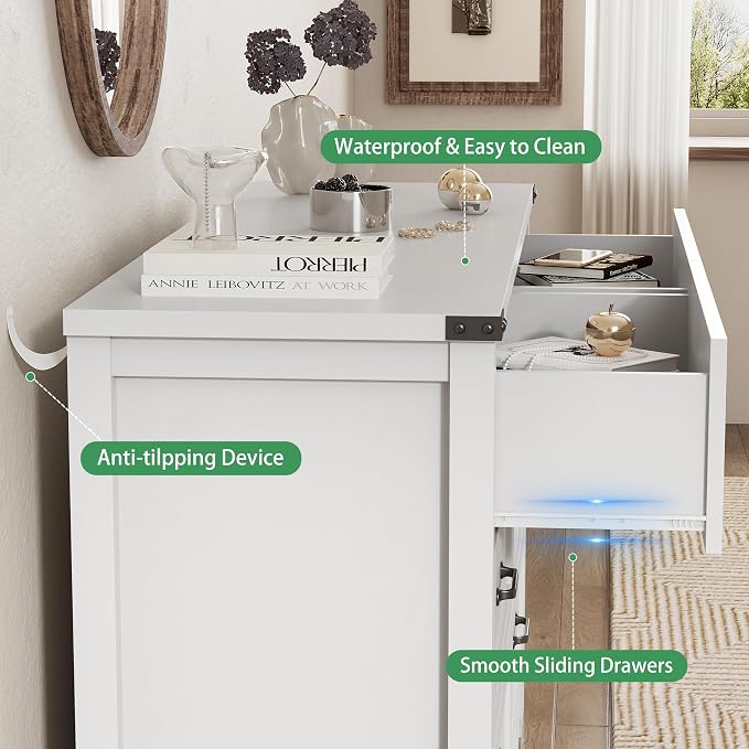 Dresser for Bedroom with 8 Drawers, 54" Wide Wood Chest of Drawers with Deep Drawers & Mental Handle, Modern Dresser TV Stand, Wooden Closet Storage Organizer for Living Room, Hallway, Entryway, White - Image 6
