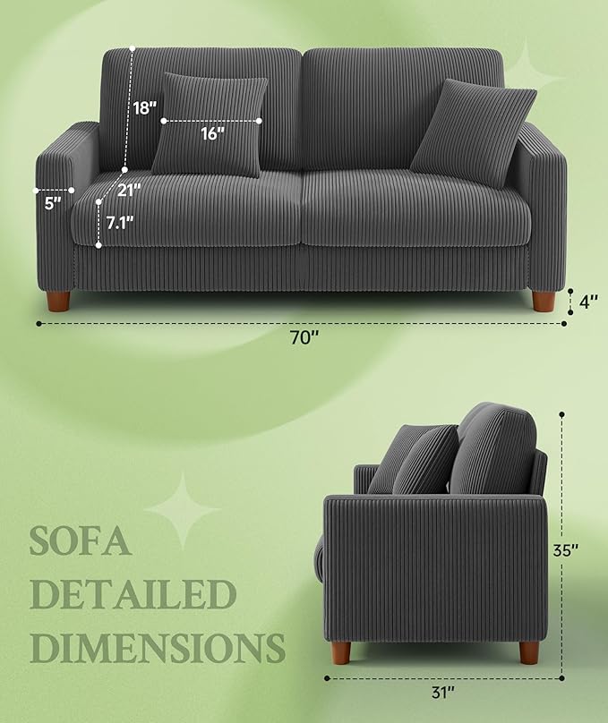 70.2" Couches for Living Room, Comfy Grey Couch 7.1" Extra Thick Cushion, Sofas for Living Room Tool-Free Setup, Loveseat Sofa 705lbs Support, Corduroy Couch for Bedroom, Apartment, Office