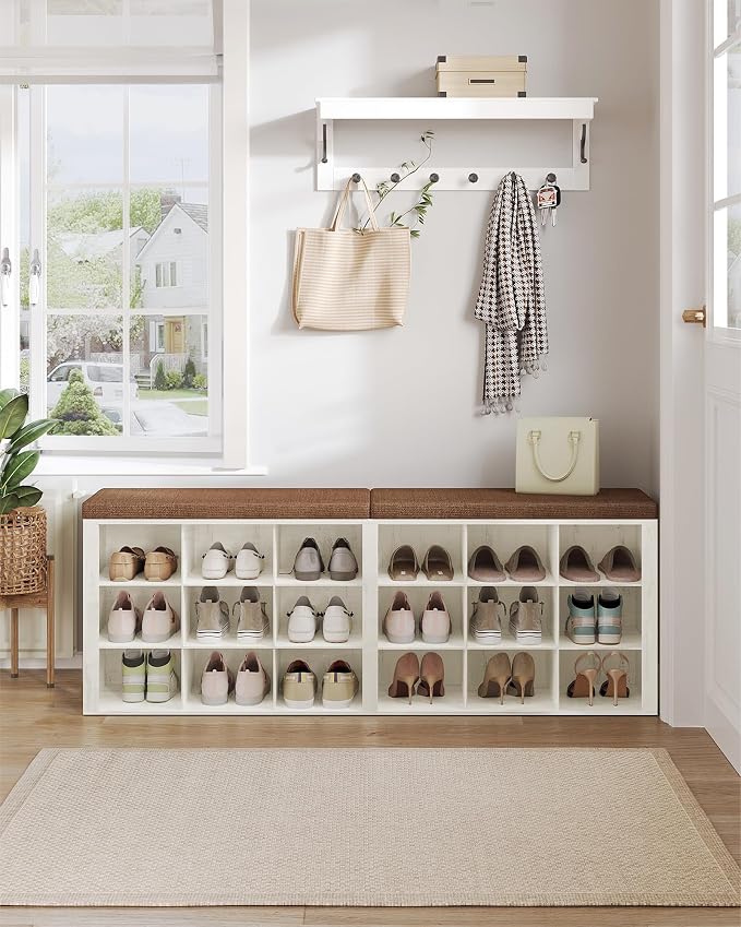Hzuaneri Shoe Storage Bench with Cushion, Entryway Storage Bench with 18 Cubbies, 9.5" Widened Organizer Cabinet, Long Cubby Rack for Living Room, Bedroom, Entryway, White and Brown SB25714KA - Image 3