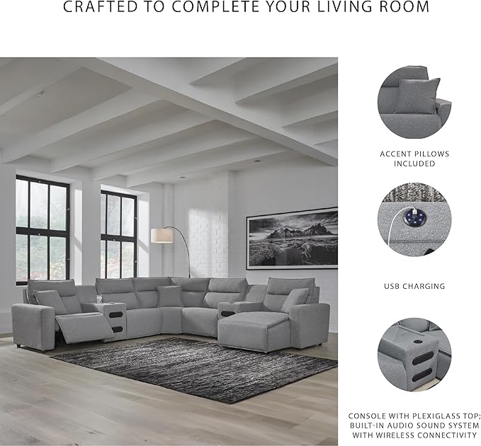 Signature Design by Ashley Modern ModMax II Stain Resistant U-Shape Left-Arm Facing 7-Piece Power Reclining Sectional with Chaise and Adjustable Headrest, Gray