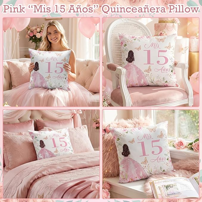 Kathfly Cojines para 15 Años De Quinceañera Decoration 16 x 16 Inche Pink Quinceañera Pillow Gifts Mis Xv Años Throw Pillow Sweet for Daughter Sister Friend 15th Birthday Gifts