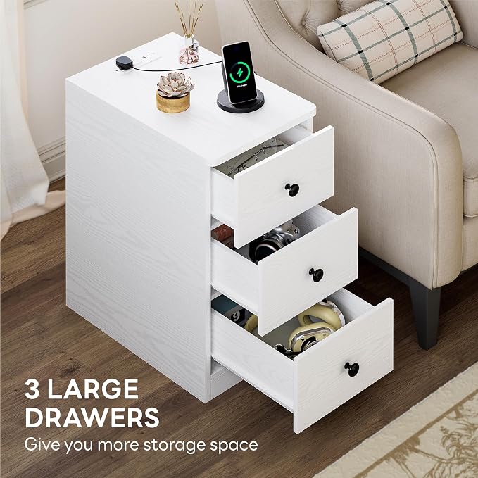 LIKIMIO Nightstand with Charging Station, Narrow Bedside Table with 3 Drawers, End Table with USB Ports and Outlets, Side Table for Living Room/Bedroom Modern - Image 6