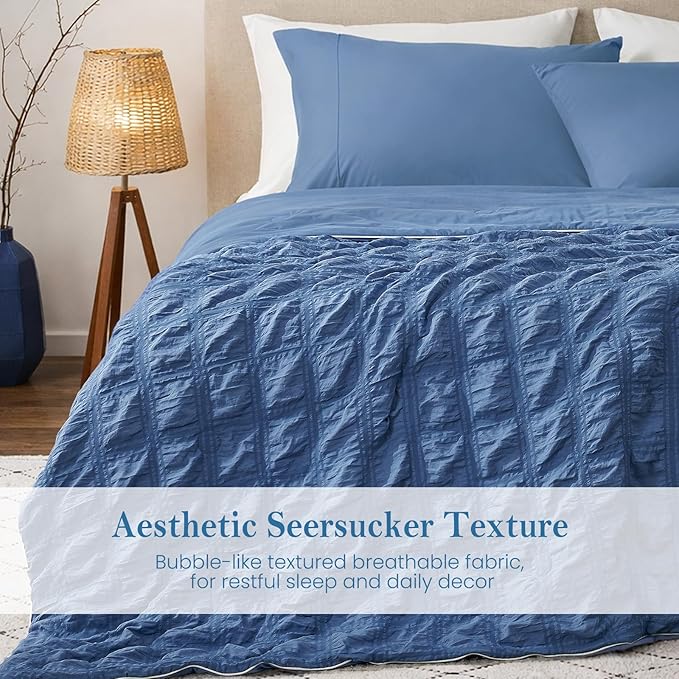 Cozy Bliss Cooling Comforter Seersucker Plaid King Size, Q-Max 0.45 Lightweight Cooling Blanket, Breathable Silk Smooth Summer Bedding Quilt for Hot Sleepers Night Sweats Denim Blue