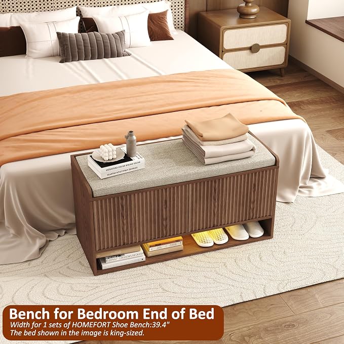 HOMEFORT 39.4" Fluted Shoe Storage Bench, Entryway Bench with Linen Seat Cushion, Shoe Cabinet Bench with Adjustable Shelf and Built-in LED Sensor Light, Bench for Bedroom End of Bed,Walnut - Image 4