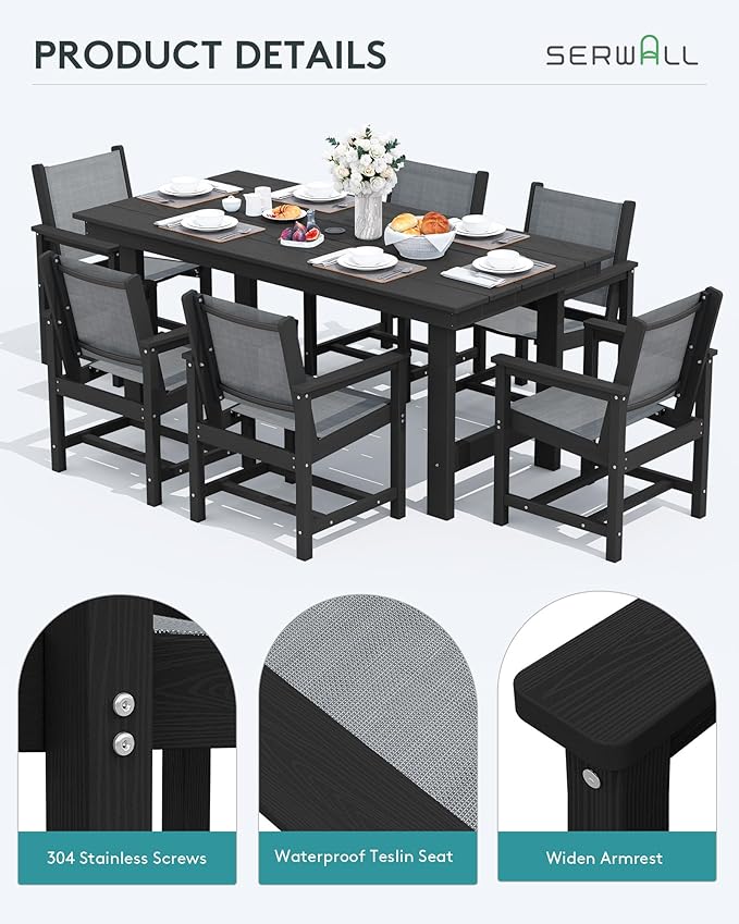 SERWALL 5 Piece Patio Dining Sets, Outdoor HDPE Dining Furniture Set with Umbrella Hole Cut-Out Table and 4 Woven Chairs, Gray - Image 6