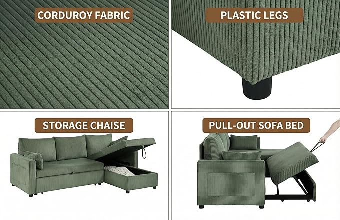 Casaphoria 85" Corduroy Sleeper Sofa with Pull Out Bed & Storage Chaise, L-Shaped Sectional Couch for Small Apartment, Living Room & Guest Room, 3-Seat Convertible Sofa Bed, Olive Drab