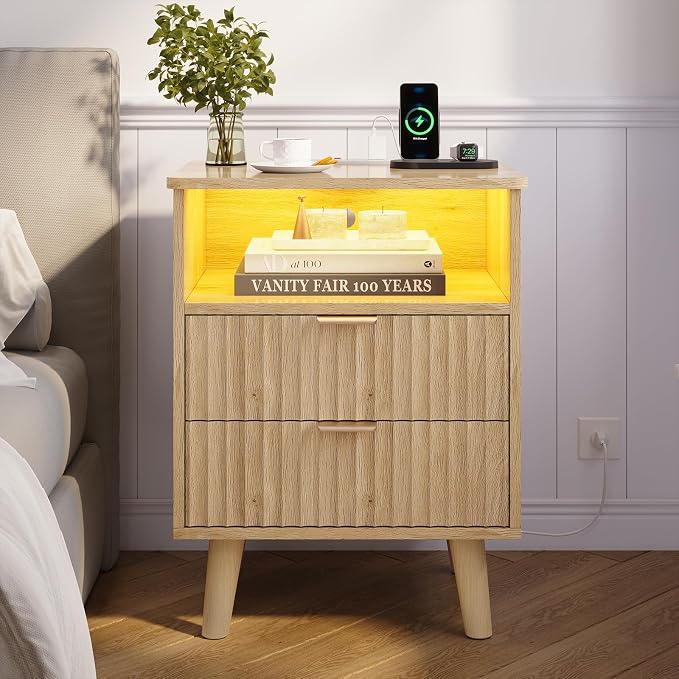 VIAGDO Fluted Nightstand Set of 2 with Charging Station and LED Lights, Modern Night Stand Set 2 with Drawers and Open Storage Cabinet, Bed Side Tables with Gold Metal Handle for Bedroom, Natural Oak - Image 7