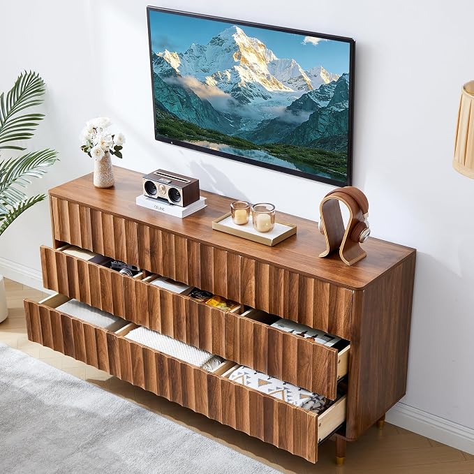 Bifins Fluted Dresser for Bedroom with 9 Drawers, 60" Wide Mid Century Modern Chest of Storage Drawers, Large Wood TV Dresser for Bedroom Living Room - Image 6