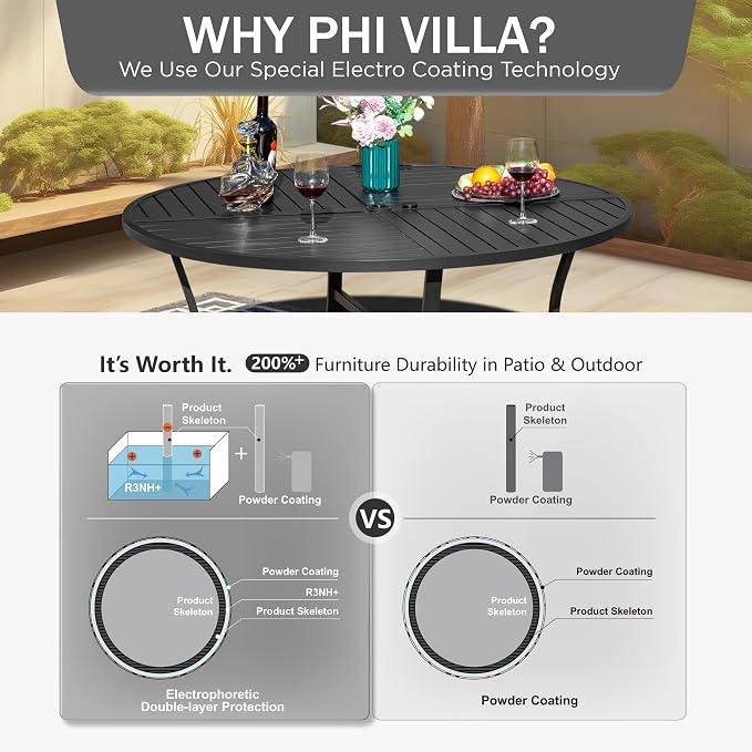 PHI VILLA Outdoor Round Dining Table for 6, 54" Large Metal Wrought Iron Table with Umbrella Hole, All Weather Furniture for Patio, Deck, Yard, Porch - Black - Image 8