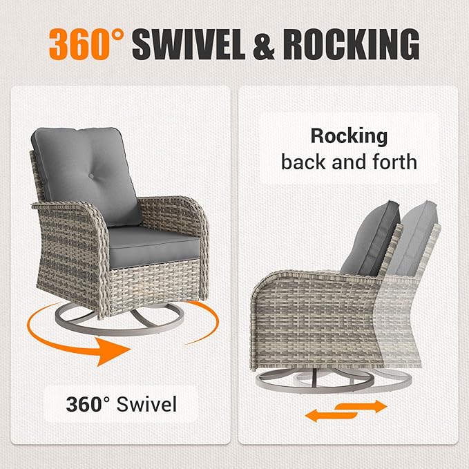 11-Piece Outdoor Patio Furniture Set with Rocking Swivel Chair Wicker Sectional Sofa Set, Patio Conversation Set with Ottomans & Coffee Table for Garden, Backyard, Poolside, Grey