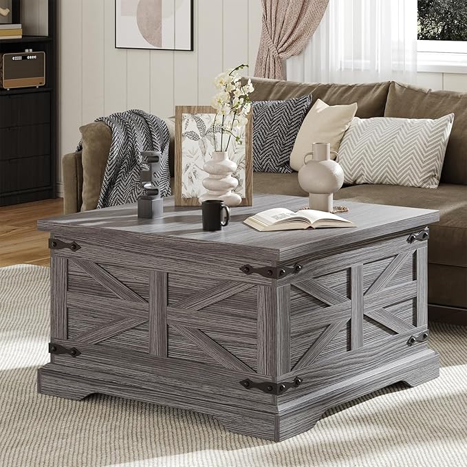 Farmhouse Coffee Table with Storage, Square Center Table for Living Room, Rustic, Hinged Lift Top Soft Close, Wood, Large Hidden Storage, Modern, Metal Corner, Grey