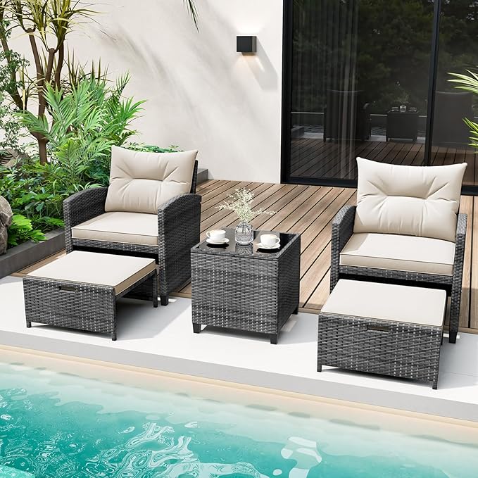 Tangkula 5 Pieces Patio Conversation Set, PE Wicker Rattan Outdoor Furniture Set with 2 Chairs, 2 Ottomans & Tempered Glass Coffee Table, Ideal for Poolside, Backyard, Lawn, Deck, Mix Grey & Off White