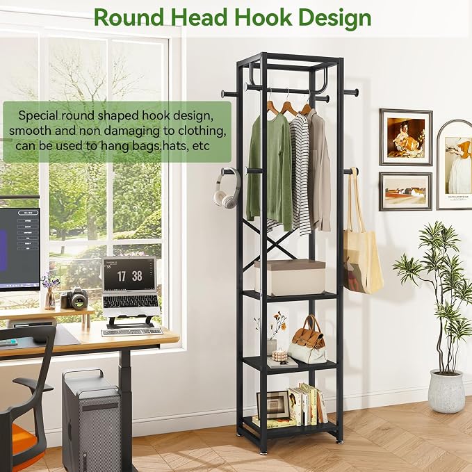 IBUYKE Coat Rack with Shelves, Freestanding Hall Tree with 3 Shelves and 8 Hooks, Industrial Clothes Stand for Entryway, Hallway, Bedroom, Black UTMJ088B - Image 5