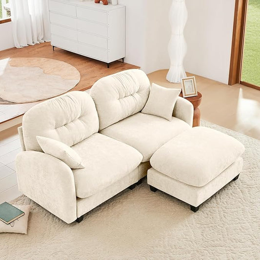 KEIKI 74" L-Shaped Oversized Chenille Modular Sectional Loveseat Sofa with 1 Ottoman, High-Density Foam Cushions, Tufted Pleated Cushion Backrest, 2-Seater Couch with 2 Pillow, for Living Room, Beige